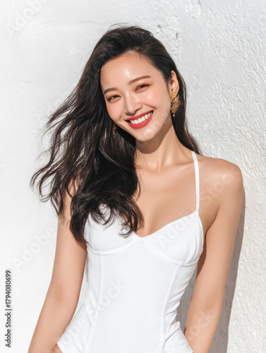 A young Asain woman smiles gently in a bright studio environment, creating a warm and inviting portrait enhanced by soft, natural lighting.