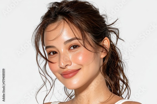 Japanese model with a soft, natural look smiles confidently in a clean studio setting, ideal for promoting beauty and skincare products and wellness themes.