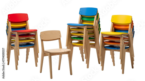 Stacks of brightly colored and natural wood chairs are displayed against a dark background