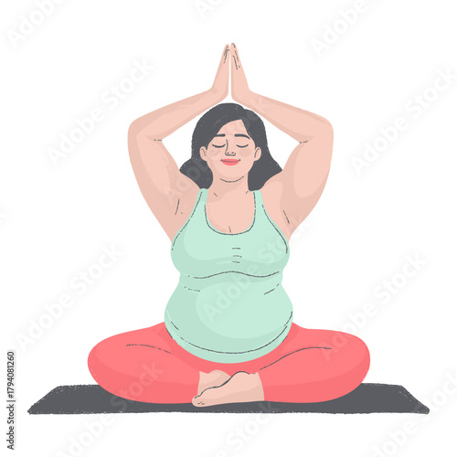 Plus-size woman or pregnant woman sitting in lotus position, body positivity or prenatal wellness.