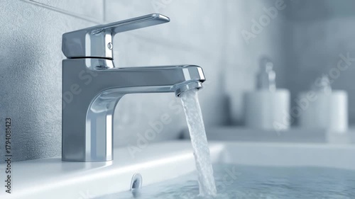 Chrome faucet with water flowing into a porcelain sink, blurred bottles in background