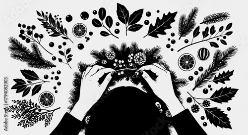 Monochrome illustration of hands arranging a botanical wreath with winter foliage.
