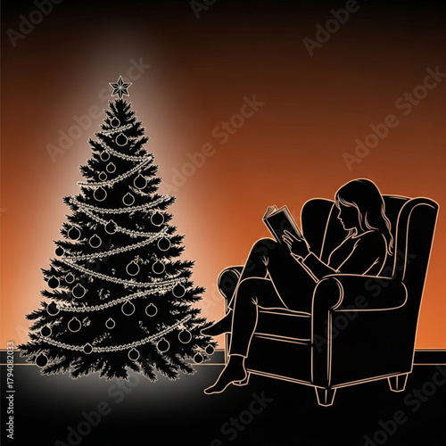Outline illustration of a woman reading a book in an armchair next to a Christmas tree.