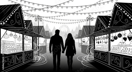 Romantic silhouette of a couple holding hands and walking together.