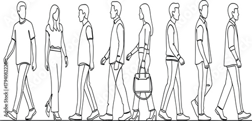 Group of Diverse Business People and Casual Individuals Walking in Simple Line Art Vector Illustration, Representing Commuting, Mobility, and Urban Routine