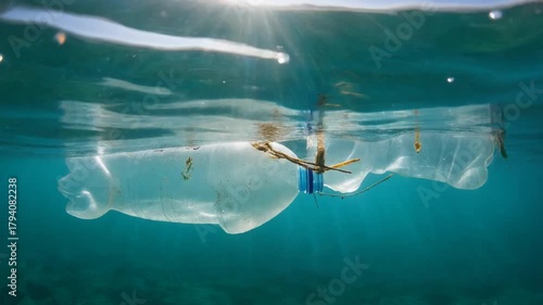 Plastic bottle pollution floating underwater in clear ocean
