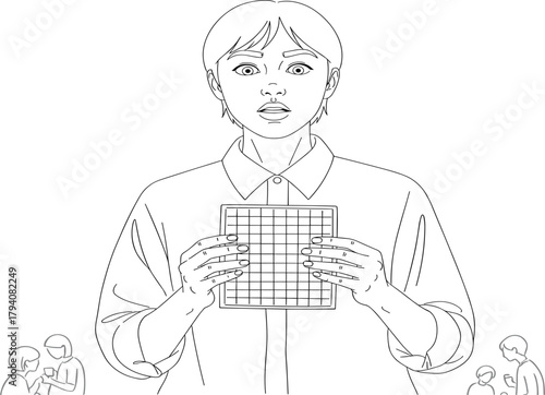 Surprised Person Holding a Gridded Square Object Vector Line Art Illustration, Representing Data Analysis, Unexpected Findings, Puzzle Solving, or Board Game Excitement in Public
