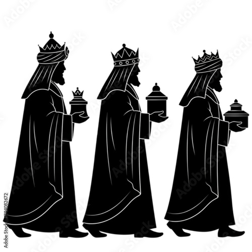 Silhouette of the Three Kings of Orient bearing gifts for Christmas.