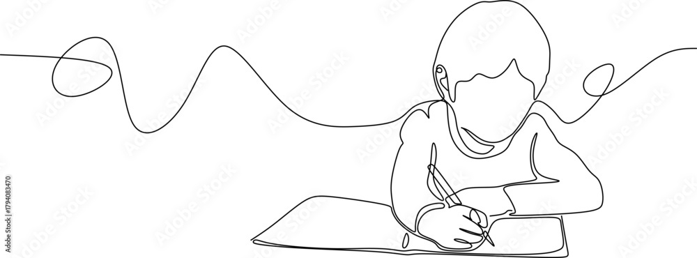 Fototapeta premium Continuous line drawing. Child studying. Vector illustration.