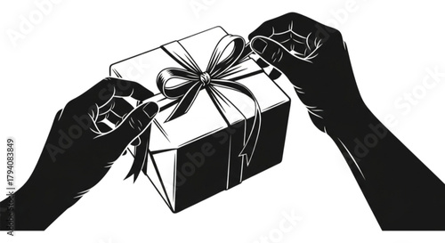 Silhouette of hands carefully tying a decorative ribbon on a gift box.