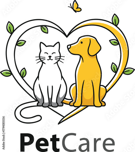 Cute PetCare Logo Vector Illustration Featuring a Cat and Dog Sitting Inside a Heart-Shaped Vine Wreath, Ideal for Veterinary Clinics, Grooming Services, and Animal Welfare Brands