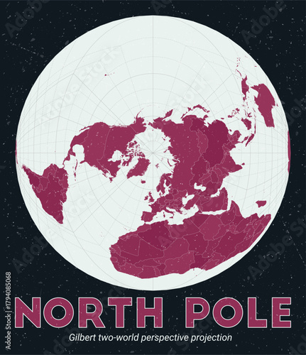 North Pole. World map. Gilbert two-world perspective projection centered to North Pole. Pale Mint Dark Pink palette. Vintage texture. Stylish vector illustration.