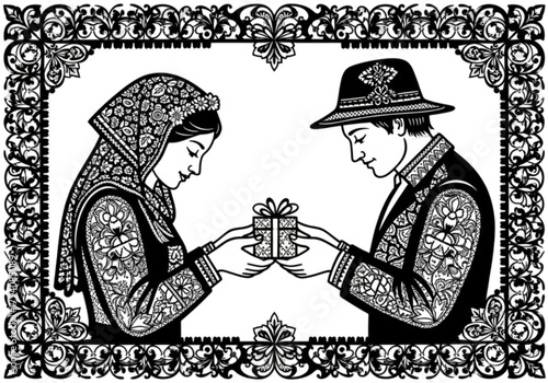 Black and white illustration of a couple in traditional folk costumes exchanging a gift.