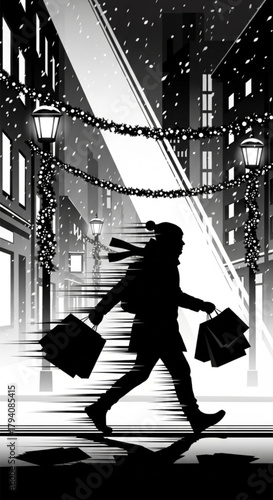 Dynamic black and white silhouette of a person rushing with shopping bags.