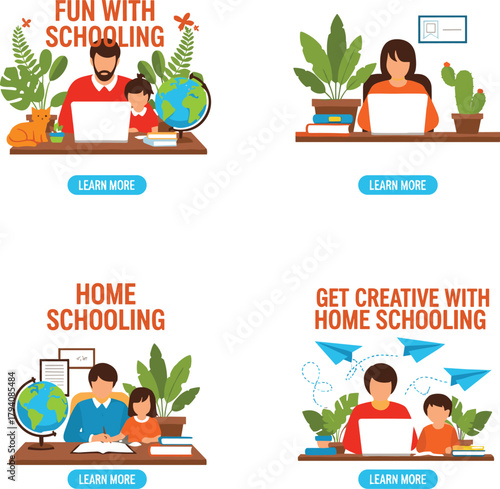 Homeschooling and Online Education Vector Illustration Set Showing Parents and Children Learning Together at Home, Emphasizing Creative Teaching, Fun, and Flexible Schooling Concepts