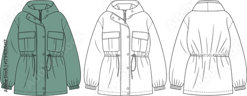 Hooded parka jacket, front and back view, technical sketch, drawstring waist, flap pockets, fashion design, garment illustration, outerwear template