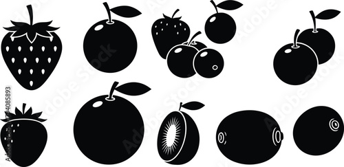 Black silhouette collection of assorted fruits including strawberry, kiwi, cherry, and plum vector illustration for healthy organic food design.