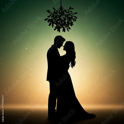Romantic silhouette of a couple embracing under the mistletoe.