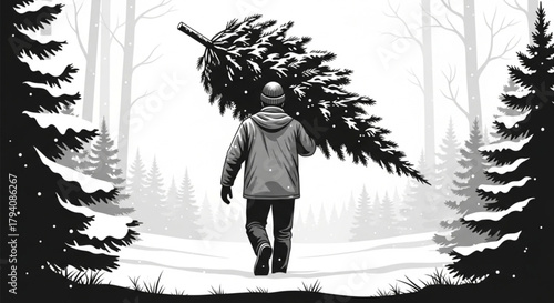 Man in winter clothing carrying a large Christmas tree on his shoulder.