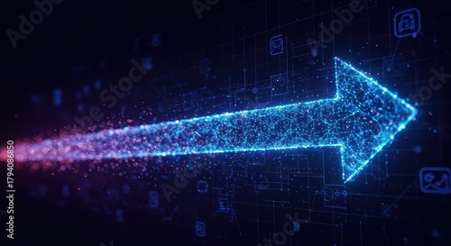 Digitally rendered luminous arrow composed of particles surges forward across a dark interface