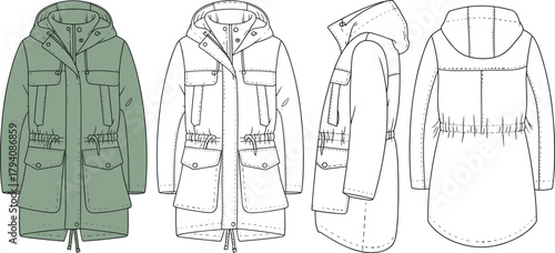 Hooded parka jacket, technical sketch, front and back view, drawstring waist, flap pockets, fashion illustration, outerwear design, garment template