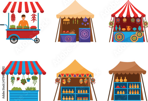 Set of Six Colorful Market Stalls Vector Illustration Collection, Featuring Food Cart, Handcraft Booths, and Produce Stand for Festival, Bazaar, and Street Fair Concepts