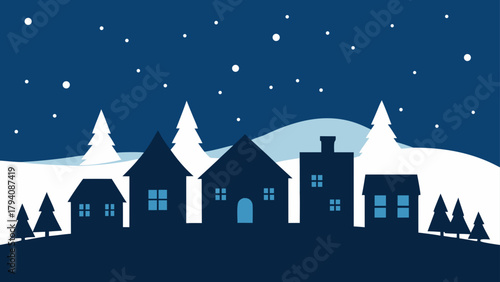 Winter scene of houses and trees under a snowy sky with a dark blue background and white snow covered hills