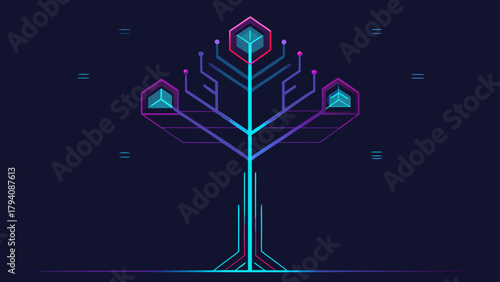 Abstract futuristic tree with neon lines and geometric shapes against a dark background illustration is shown