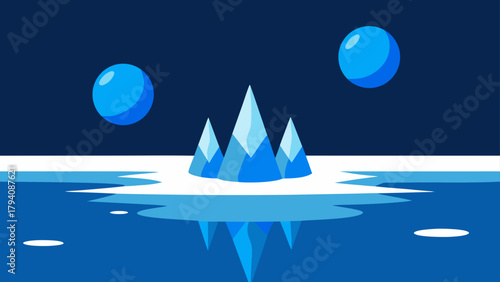 Illustration of three mountain peaks reflected in water with two spheres floating in the dark blue sky