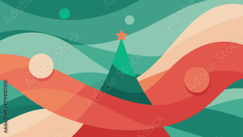 Abstract christmas tree with star on top and wavy colorful background with circles decoration design