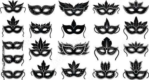 Black carnival mask vector collection featuring elegant masquerade party masks with feathers, decorations, and ornate festival costume design illustration.