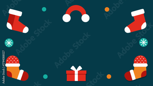 Illustration featuring christmas stockings santa hat gift box and snowflakes on a dark teal background design
