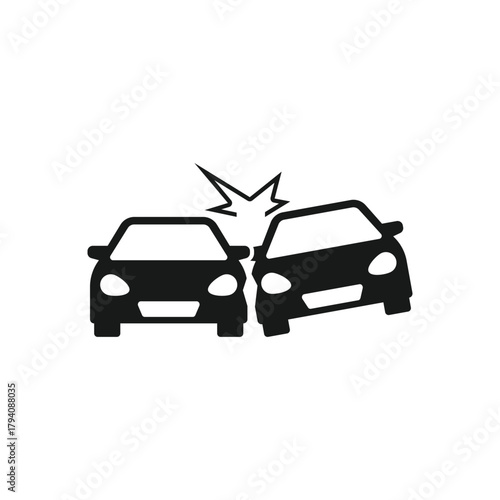 accident icon, broken cars, auto crash on road, symbol on white background