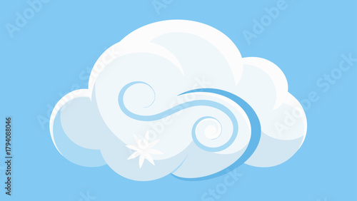 Illustration of a fluffy white cloud with a stylized wind swirl and a star on a light blue sky background