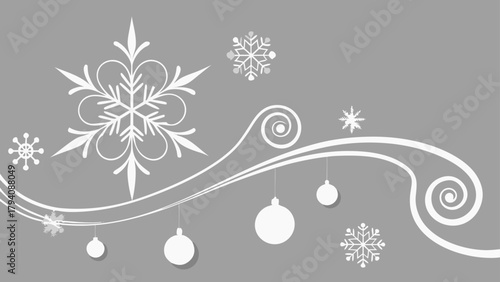 Elegant winter scene with snowflakes ornaments and swirls on a gray background for holiday decoration