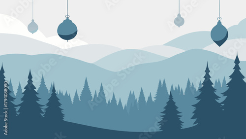 Illustration of a winter landscape with trees and mountains with ornaments hanging in the sky above the trees