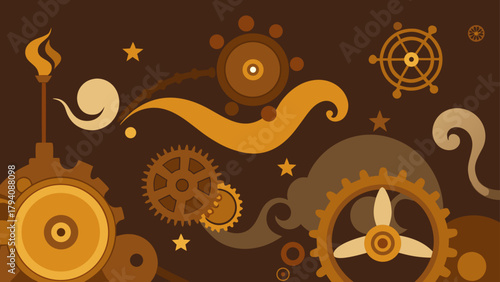 Steampunk themed illustration with gears torch stars and swirls on a brown background design element art work