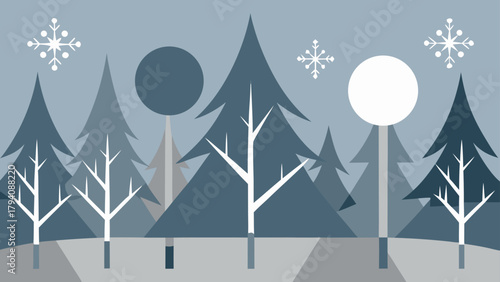 Illustration of a winter forest scene with trees snowflakes and geometric shapes in muted blue tones design
