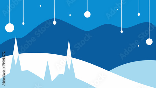 Illustration of winter landscape with snow covered hills and hanging decorative light orbs in blue tones