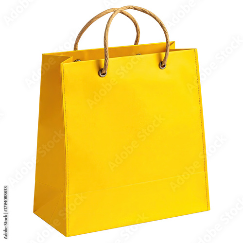 Bright yellow paper shopping bag, rope handles, isolated