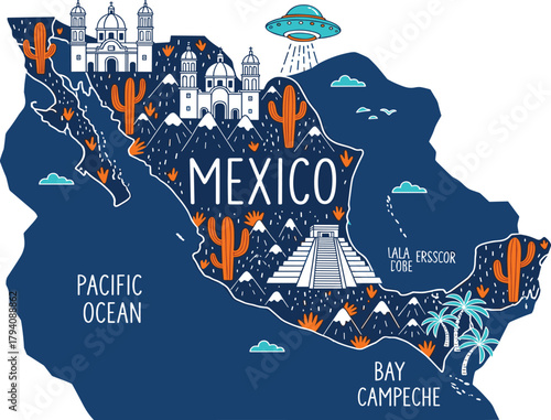 Illustrated Vector Map of Mexico with Famous Landmarks, Cactus, Aztec Pyramid, and Ocean Details, Perfect for Travel Posters, Infographics, Geography Lessons, and Tourism Graphics.