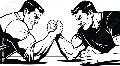 Monochrome Vector Illustration of Two Strong Men Engaged in an Intense Arm Wrestling Match, Symbolizing Competition, Challenge, Power, and Business Rivalry or Partnership.