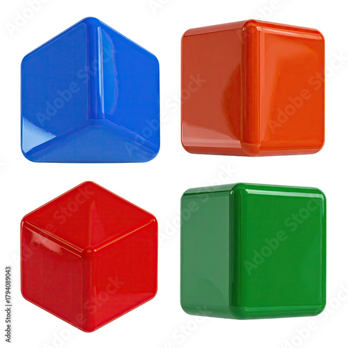 Four glossy, rounded edge blocks, each a different color