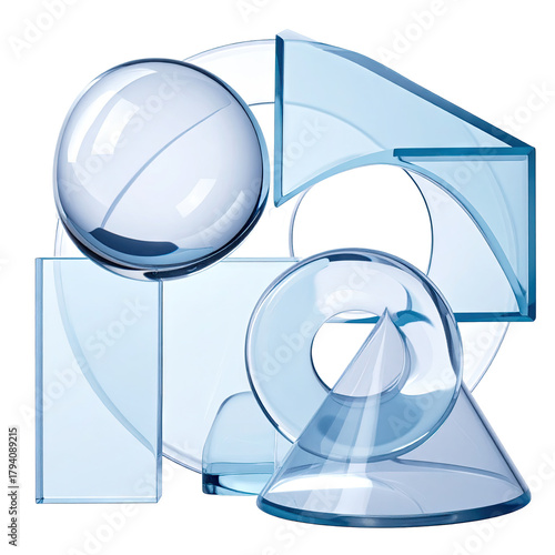 Blue, transparent shapes sphere, cone, square, arch