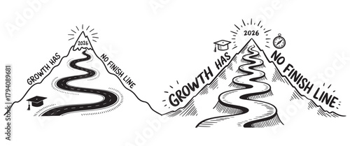 Hand-drawn illustration of a mountain representing growth with no finish line symbolizing continuous improvement and long-term goals ideal for business and education concep