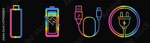 Rainbow neon battery charging usb cable plug – colorful electric energy icon set