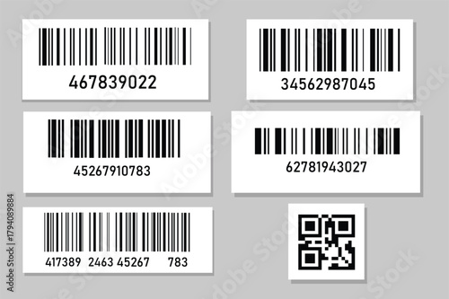 Damaged barcodes, crumpled QR code labels, product ID stickers with torn edges. Serial number badges, inventory barcode with peeling corner, pricing tags, ripped off package tracking codes vector set
