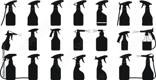 Black silhouette vector collection of spray bottles and cleaning sprayers for household, disinfectant, and detergent product design illustration.