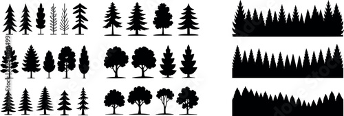 Forest silhouettes vector set, pine evergreen trees clipart, woodland landscape borders, nature icons, tree collection, isolated black design elements bundle