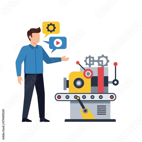 Man Explaining Automated Production Process with Speech Bubbles